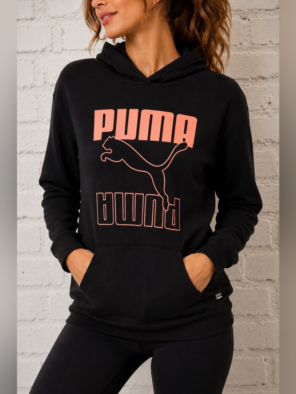 Puma Womens Medium Black Coral Logo Pullover Hoodie Athletic Sweatshirt